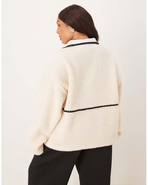 ASOS Natural Asos Design Curve Borg Fleece Pullover Sweat With Blanket Stitch Detail