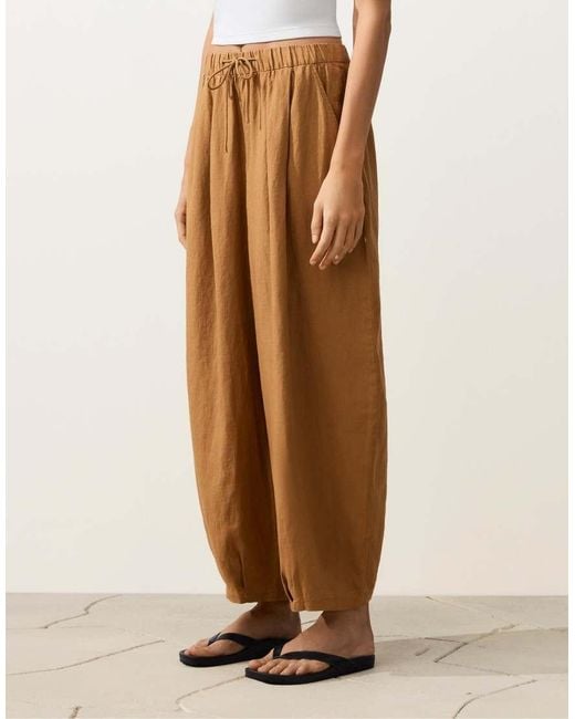 Oysho Natural 100% Linen Pleated Balloon Trousers