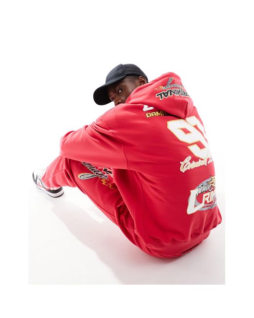 Criminal Damage Red Heavyweight Hoodie With Racing Graphics for men