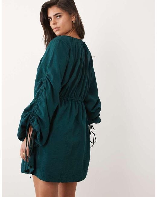 ASOS Blue Crew Neck Mini Dress With Ruched Waist Channel And Blouson Sleeves