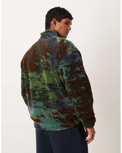 ASOS Green Relaxed Borg Quarter Zip Sweatshirt With Scenic Print for men
