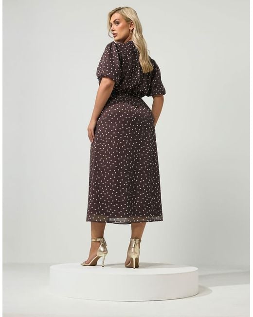 Yours Clothing Brown Polka Dot Puff Sleeve Dress