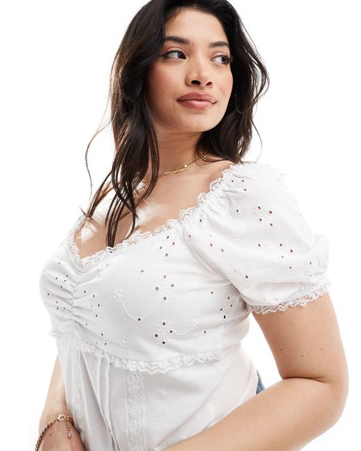 ASOS White Asos Design Curve Puff Sleeve Broderie Milkmaid Top