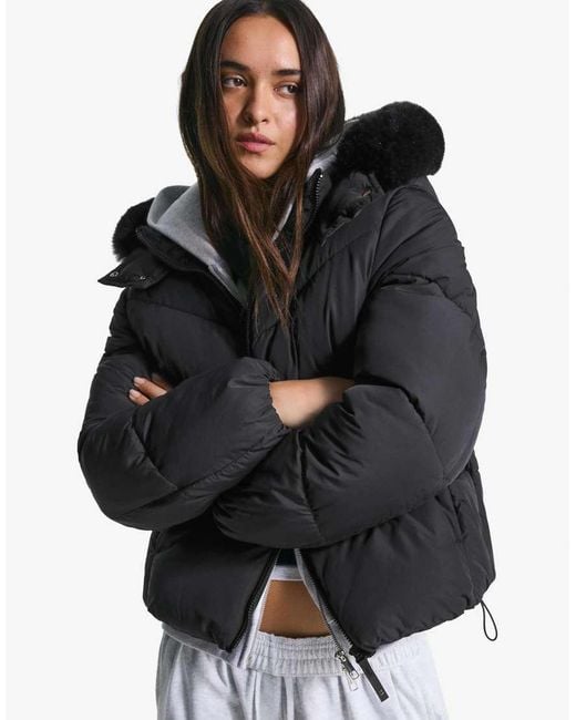Bershka Black Puffer Jacket With Faux Fur Hood