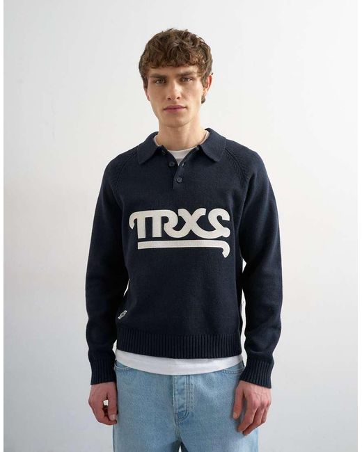 Topman Blue Classic Fit Knitted Rugby Polo With Applique Text for men