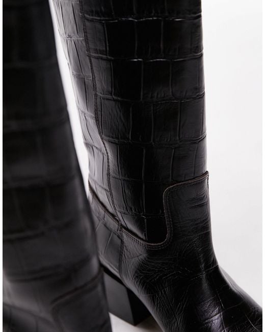 TOPSHOP Black Rio Leather Western Style Knee High Boot