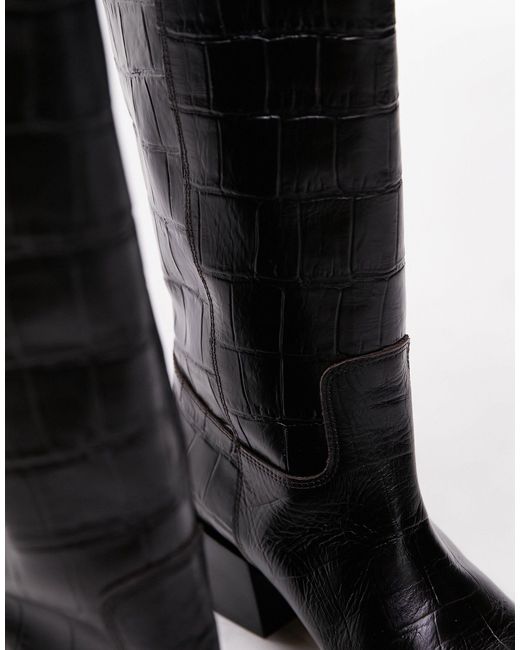 Rio - bottes hauteur genou en cuir style santiags effet croco - chocolat TOPSHOP en coloris Black