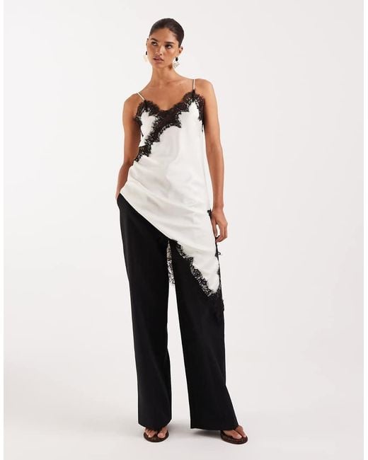 Lioness White Emerging V Neck Contrast Lace Applique Detail Asymmetric Hem Cami Top