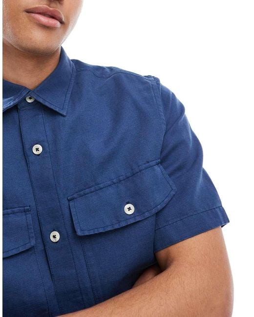 Timberland Blue Cotton Linen Utility Overshirt for men