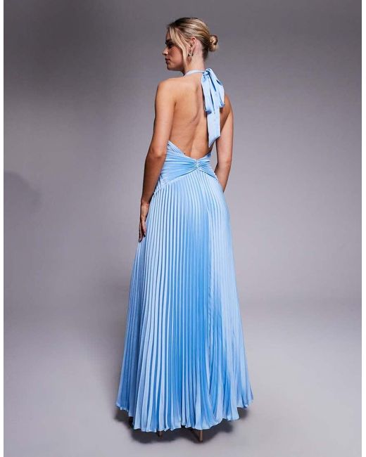 Forever New Blue Pleated Satin Halter Maxi Dress