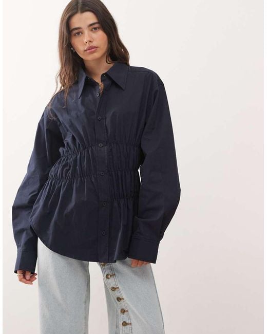 Lioness Blue Chloe Cotton Wide Sleeve Cuffed Ruched Detail Oversized Shirt