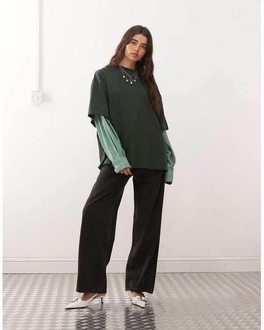 Lioness Green 2 In 1 Oversized T-shirt Overlay And Striped Long Sleeve Shirt In Dark And Stripe