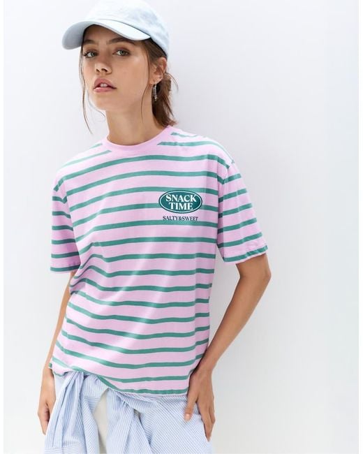 Pull&Bear Gestreept T-Shirt Met Grafische Print in het Gray