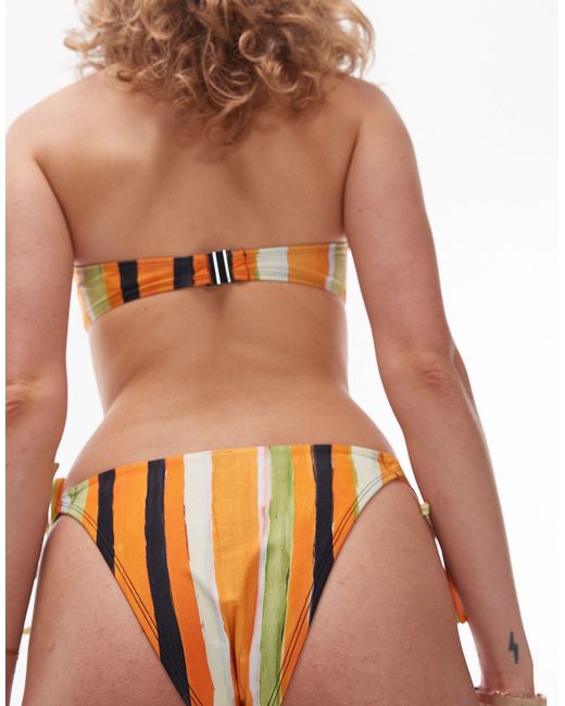 TOPSHOP Orange Stripe Print Bikini Bottom With Side Ties