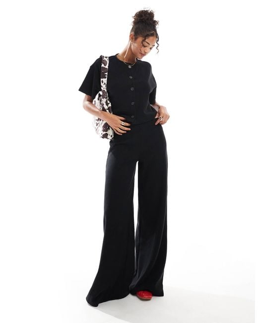 Miss Selfridge Black Soft Rib Wide Leg Trouser