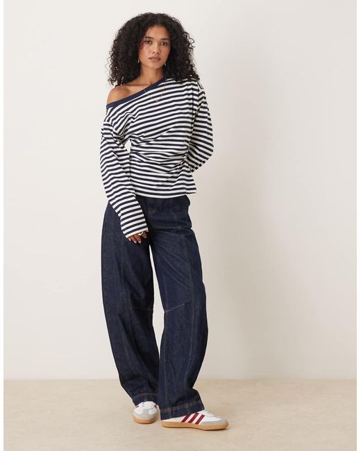 ASOS Blue Long Sleeve Off Shoulder Corset Waist Tee