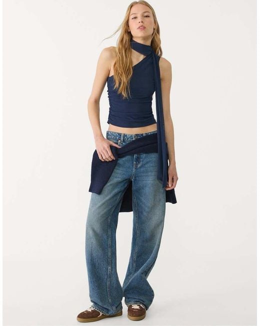 Stradivarius Asymmetrische Top Van Tule Met Sjaal in het Blue