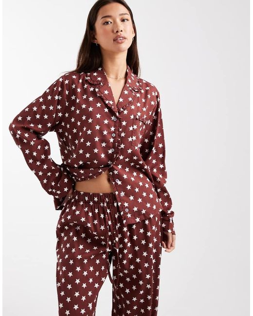 Daisy Street Red Pyjama Shirt And Pull On Trouser With Matching Bag