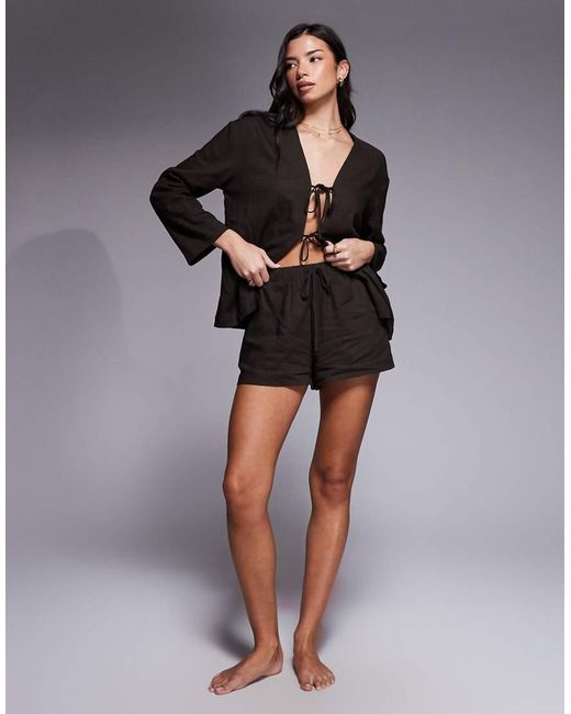 The Frolic Black Exclusive Contains Linen Elasticated Waist Pull On Beach Shorts Co-ord