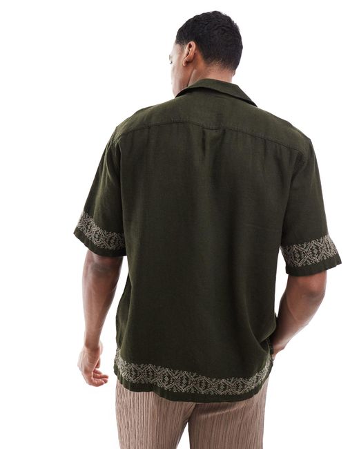 Abercrombie & Fitch Green Embroidered Border Pattern Short Sleeve Shirt Relaxed Fit for men
