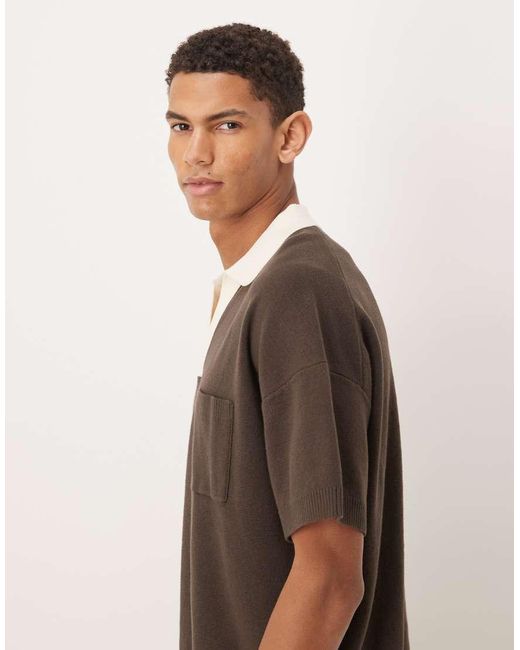 ASOS Brown Relaxed Knitted Notch Neck Polo With Front Pocket for men