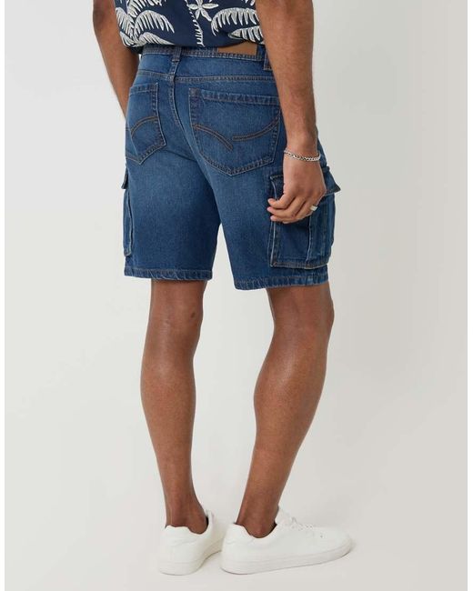 Threadbare Blue Regular Fit Denim Cargo Shorts for men
