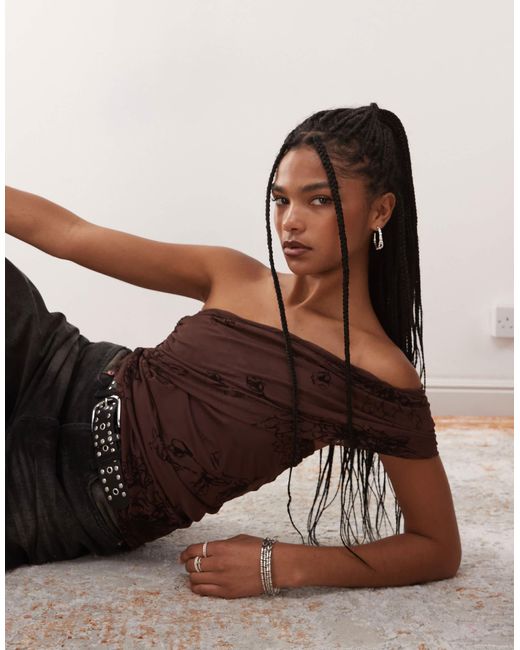 Collusion Brown Mesh Flocked Top