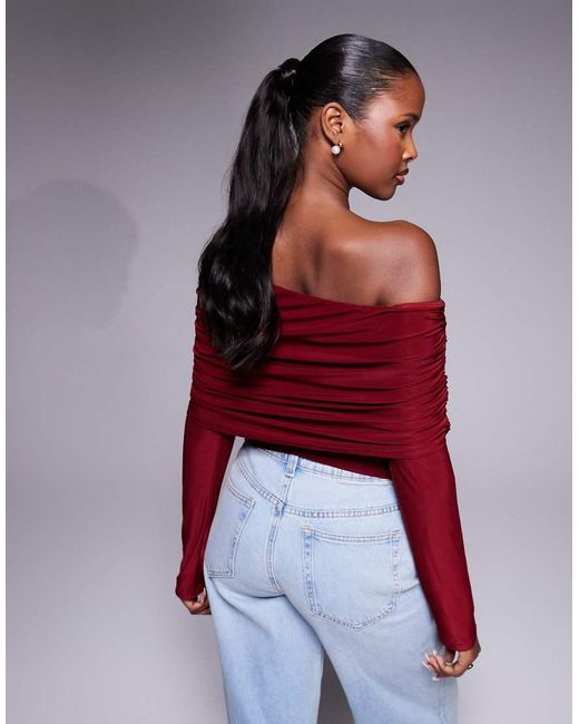 ASOS Red Slinky Drape Bardot Long Sleeve Top