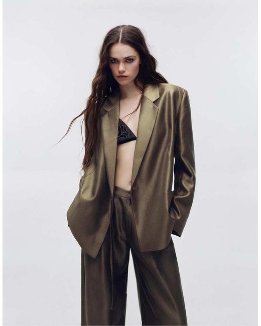 Pull&Bear Brown Oversize Shimmery Tie Blazer