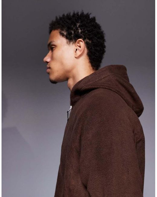 ASOS Brown Relaxed Zip Through Funnel Neck Fleece Hoodie for men