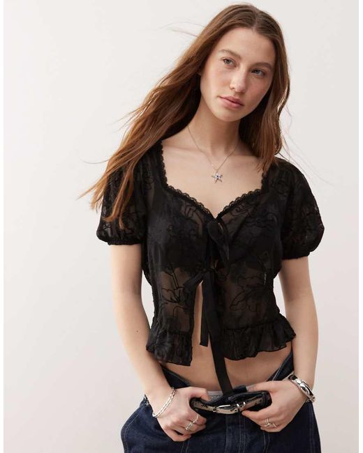 Reclaimed Vintage Black Cotton Lace Insert Tie Front Blouse