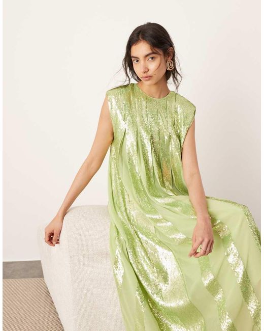 ASOS Green Embellished Allover Sequin Pleat Maxi Dress