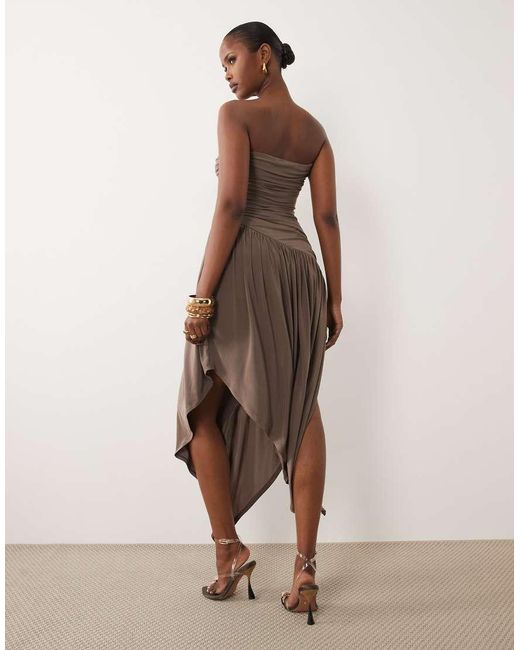 ASOS Natural Ruched Bandeau Hanky Hem Slinky Midi Dress