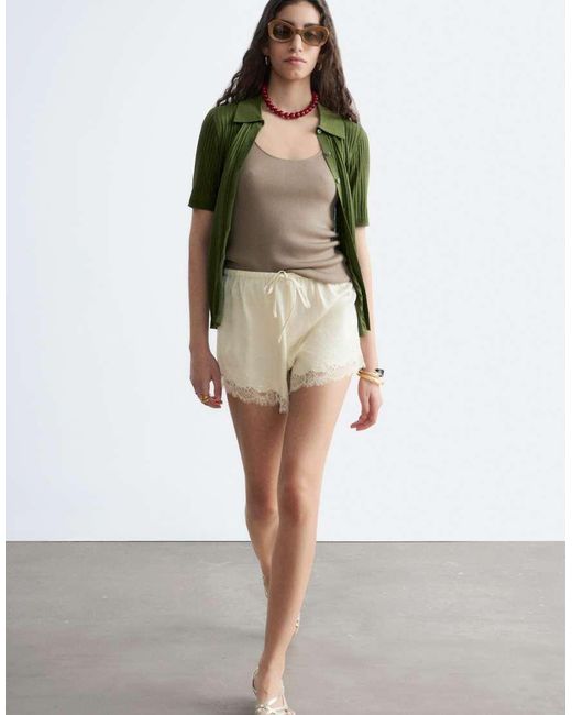 & Other Stories Green Jacquard Satin Shorts With Lace Trim