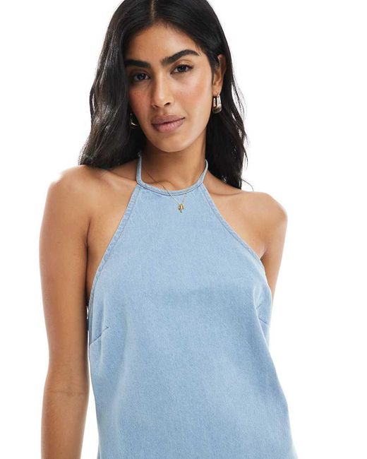 ASOS Denim Mini-Jurk Met Halternek En Rechte Pasvorm in het Blue