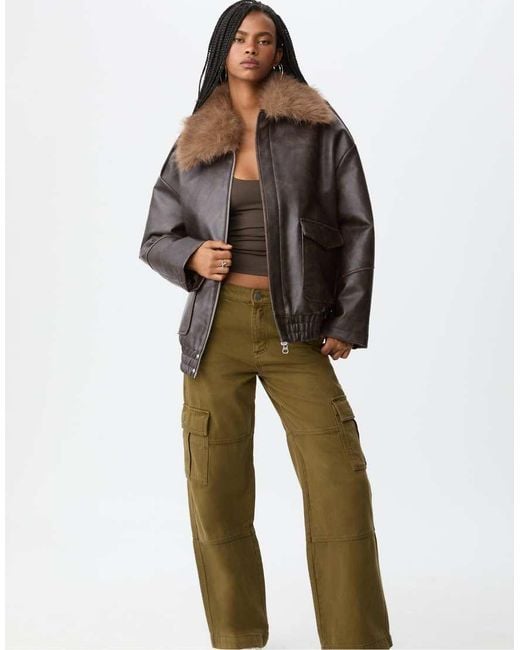 Stradivarius Brown Oversize Contrast Leather Effect Jacket