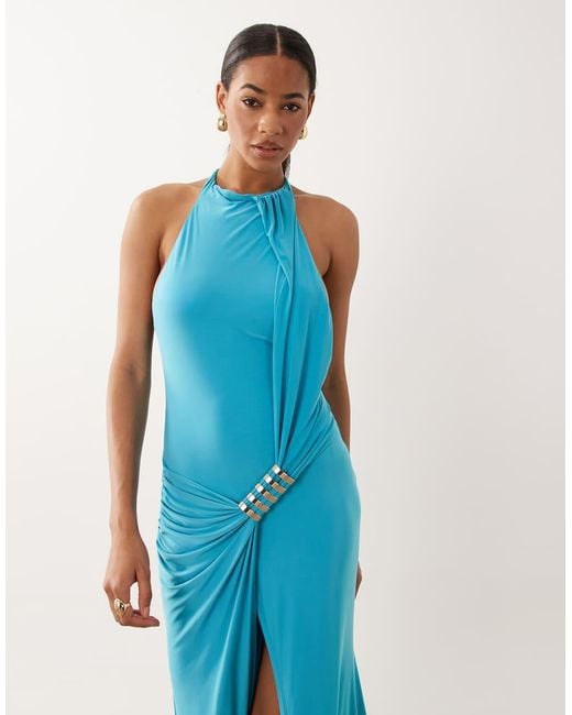 ASOS Blue High Neck Slinky Maxi Dress With Draped Metal Hardware