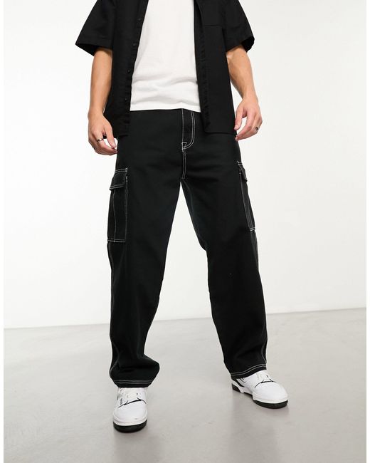 Pull&Bear Black Contrast Stitch Cargo Trouser for men