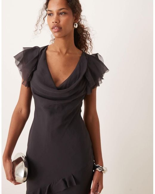 ASOS Natural Cowl Neck Frill Sleeve Ruffle Maxi Dress