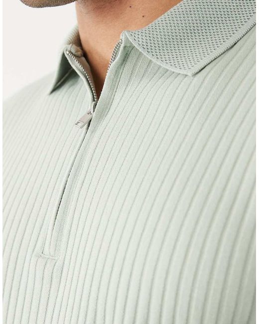 SELECTED Green Ribbed Half Zip Polo Shirt for men