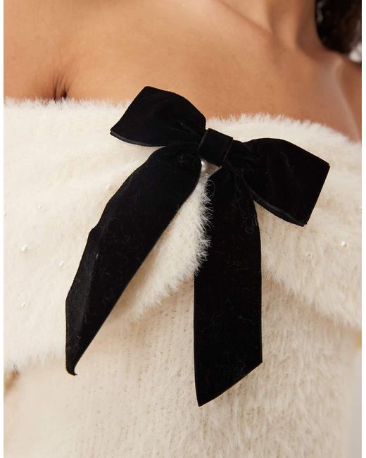 Lovedrobe White Pearl Embellished Velvet Bow Bardot Jumper