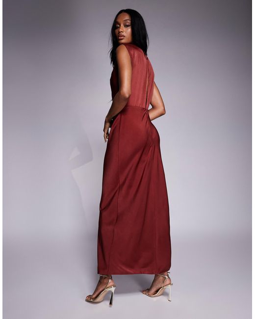 ASOS Red Asos Design Tall Satin High Neck Pleated Bodice Midi Dress