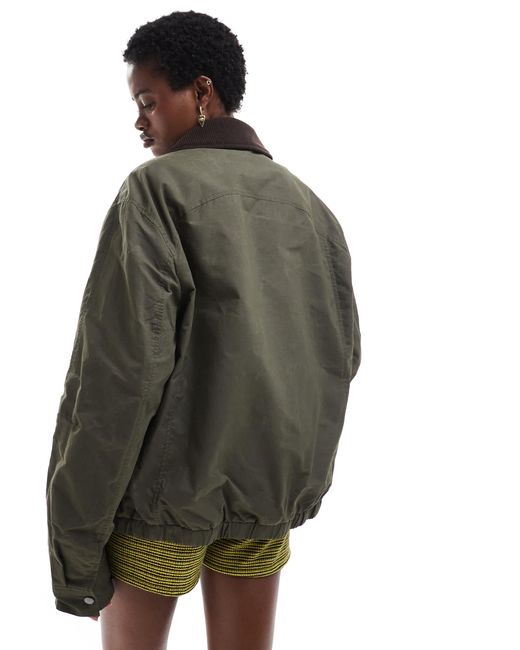 Collusion Green Waxed Jacket With Cord Collar