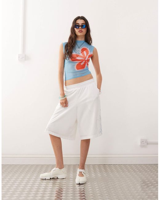 Collusion Blue Sheer Placement Print Mesh Funnel Neck Top