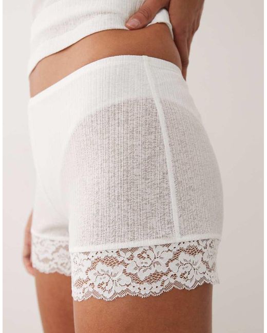 ASOS White Semi Sheer Ribbed Pyjama Shorts With Lace Trim