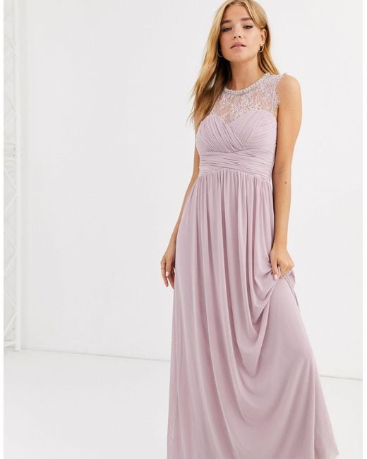 Lipsy Purple Ruched Maxi Dress With Lace Yolk And Embellished Neck