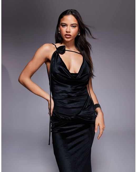 ASOS Women's Black Velvet Corsage Detail With Asymmetric Hip Twist Maxi  Dress casual dresses