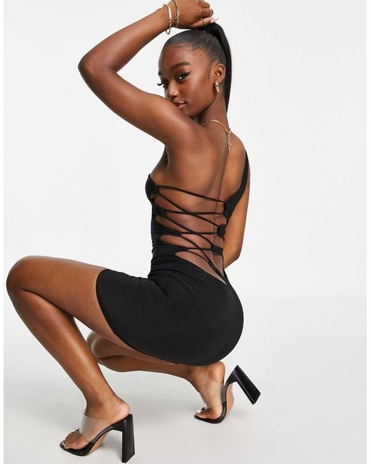 Missy Empire Exclusive One Shoulder Extreme Strappy Back Mini Dress in  Black
