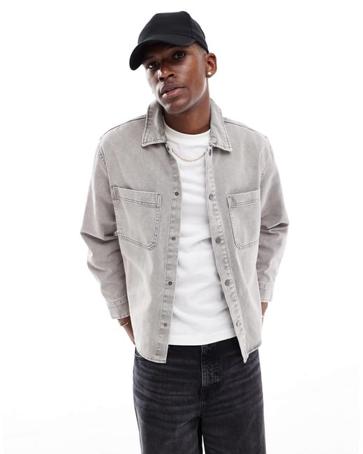 Pull&Bear – jeans-hemdjacke in Gray für Herren