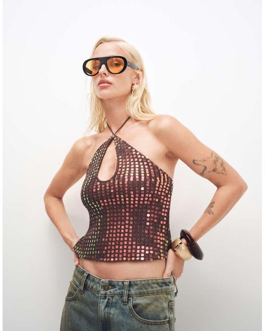 Motel Natural Kelabu Keyhole Detail Halter Neck Sequin Top Co-ord